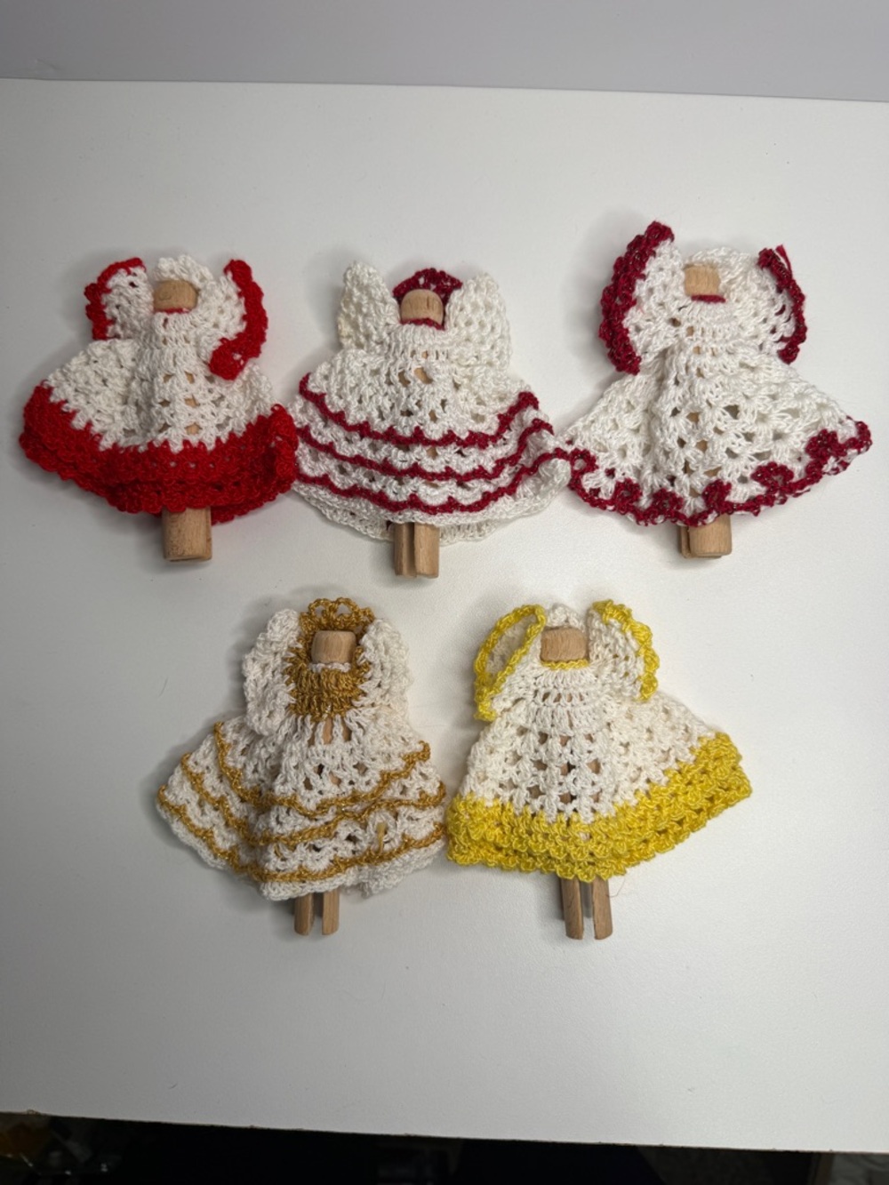Handmade Crochet Angel Clothespin Dolls -  Red, Gold, and Yellow Trim set of 5